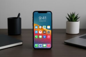 観葉植物とデスク上のスマートフォン