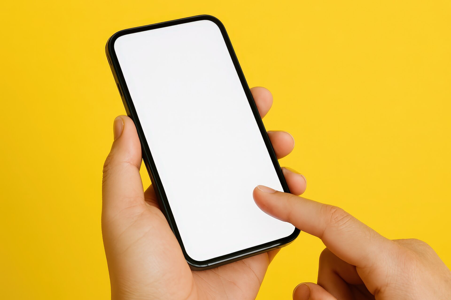 黄色背景でスマホをタップする手