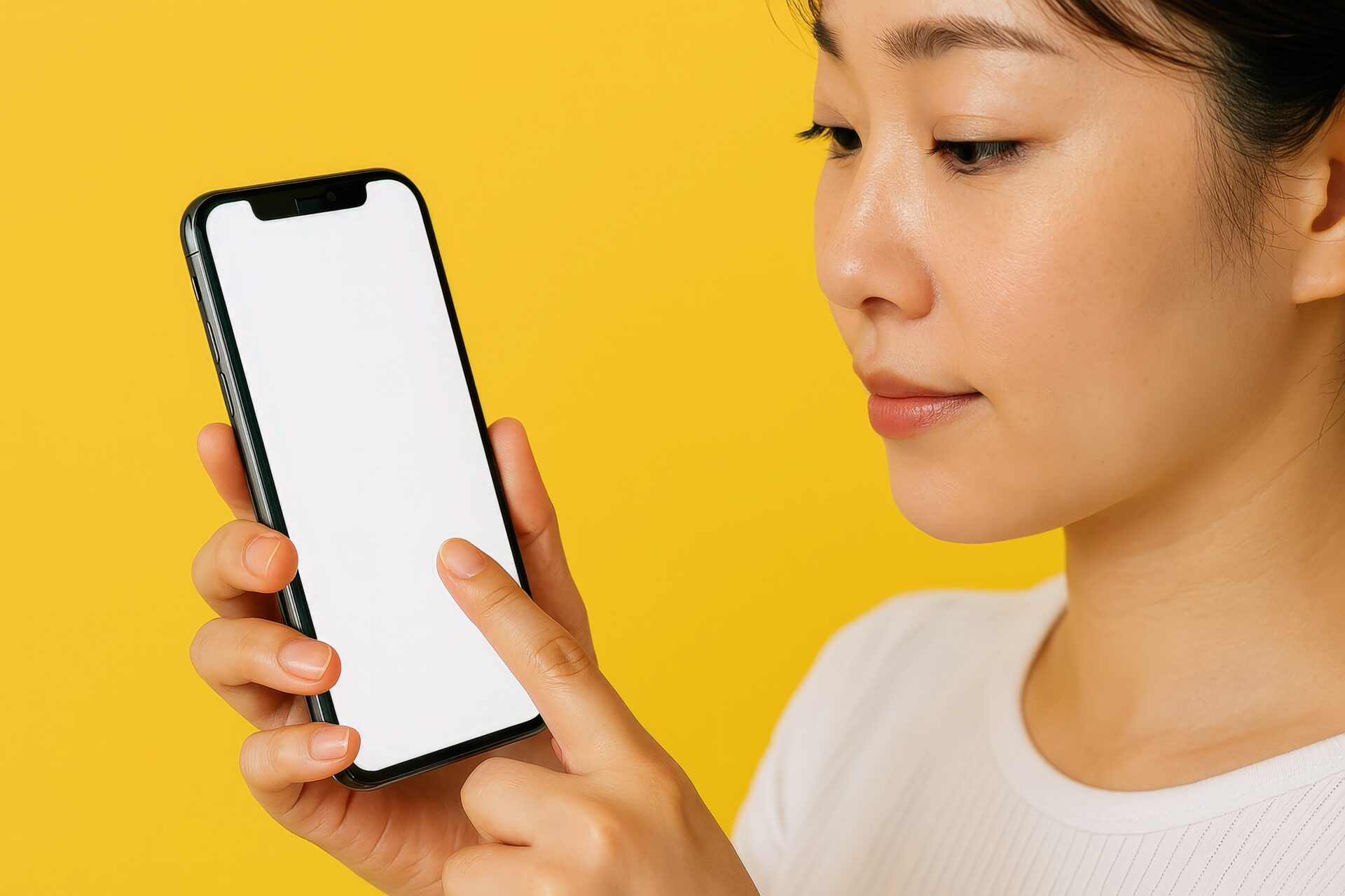 スマートフォンを見る女性（黄色背景）