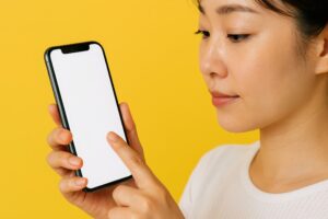 スマートフォンを見る女性（黄色背景）