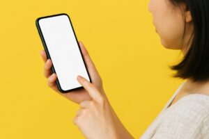 黄色背景でスマホを操作する女性（背面）