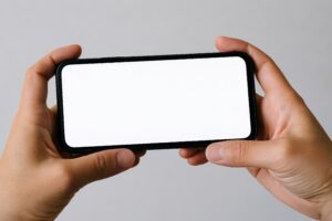 スマートフォンを横向きに持つ手（白背景・画面モックアップ）