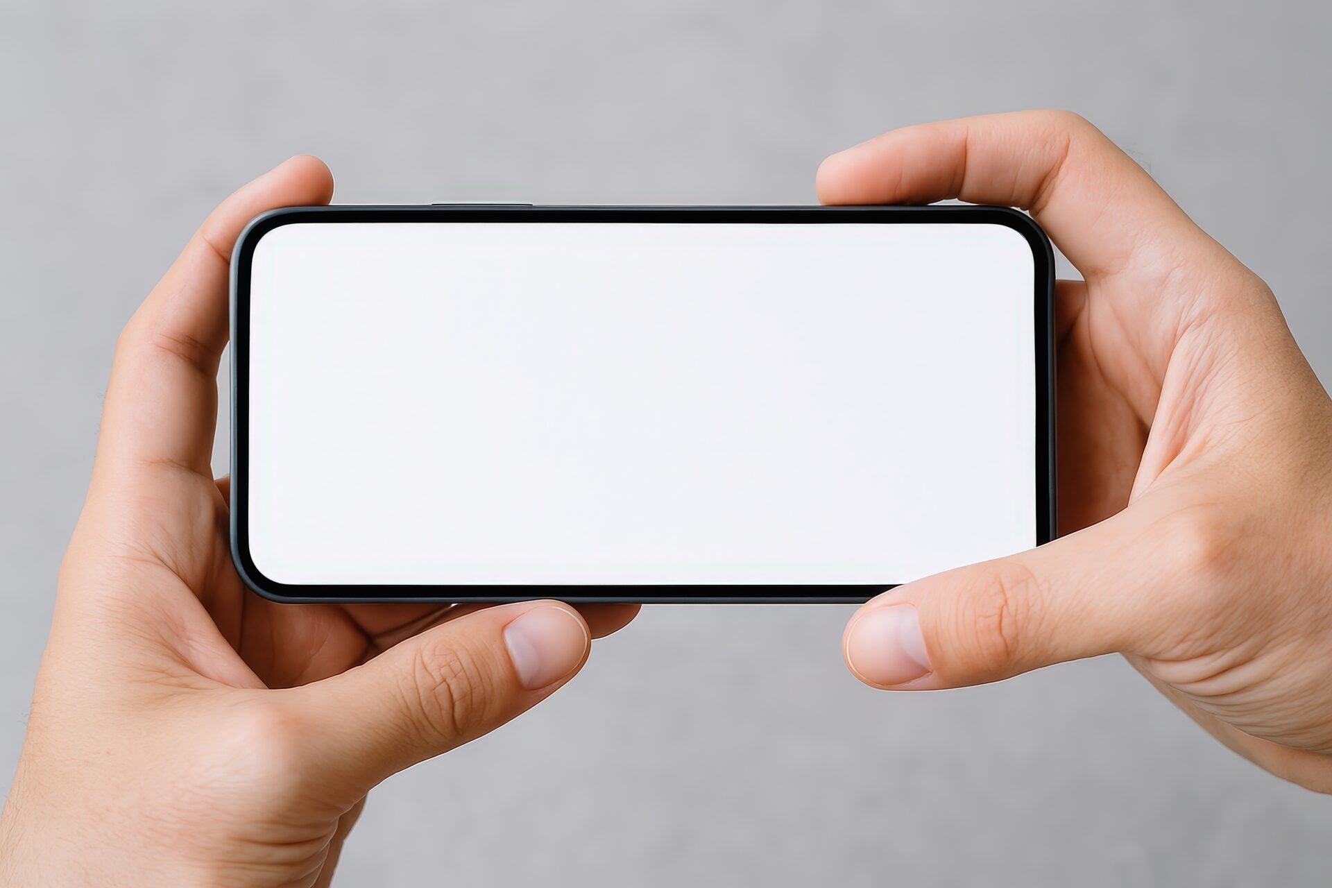スマートフォンを横向きに持つ手（グレー背景・画面モックアップ）