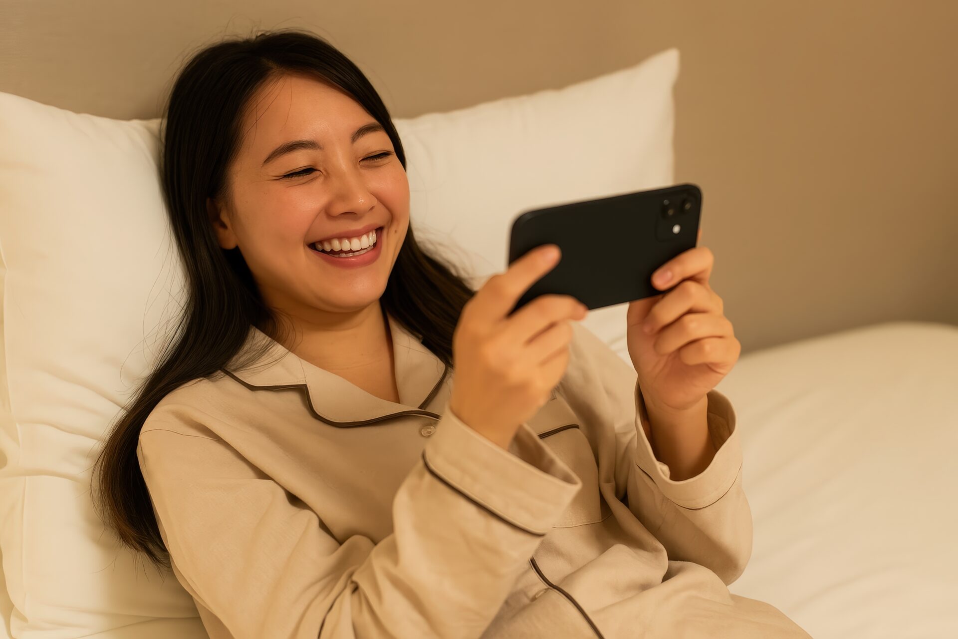 ベッドでスマホを見て笑う女性