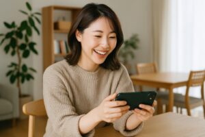 室内でスマホを操作する女性（木の家具背景）