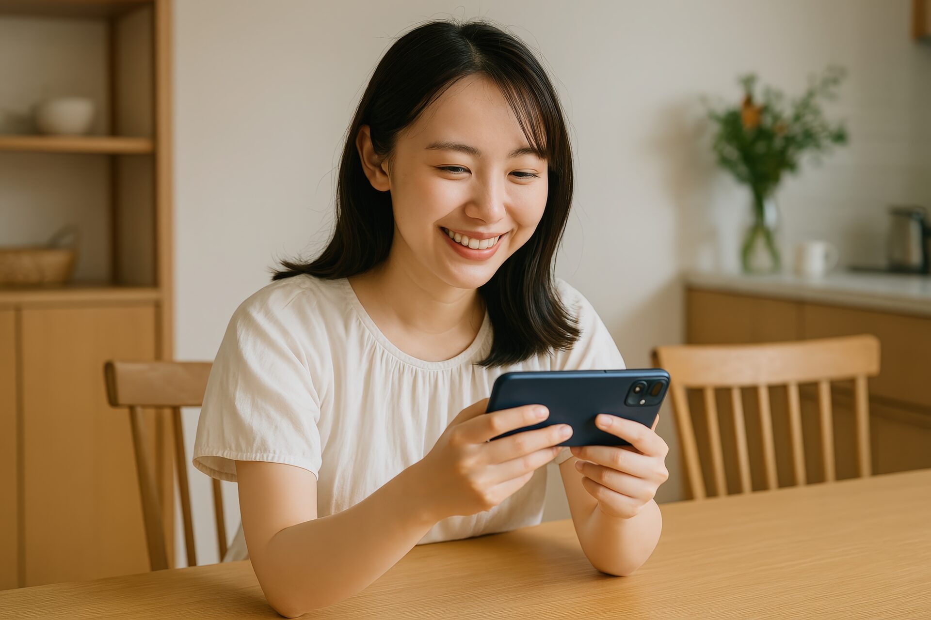 ナチュラルな部屋でスマホを見る女性（白Tシャツ）