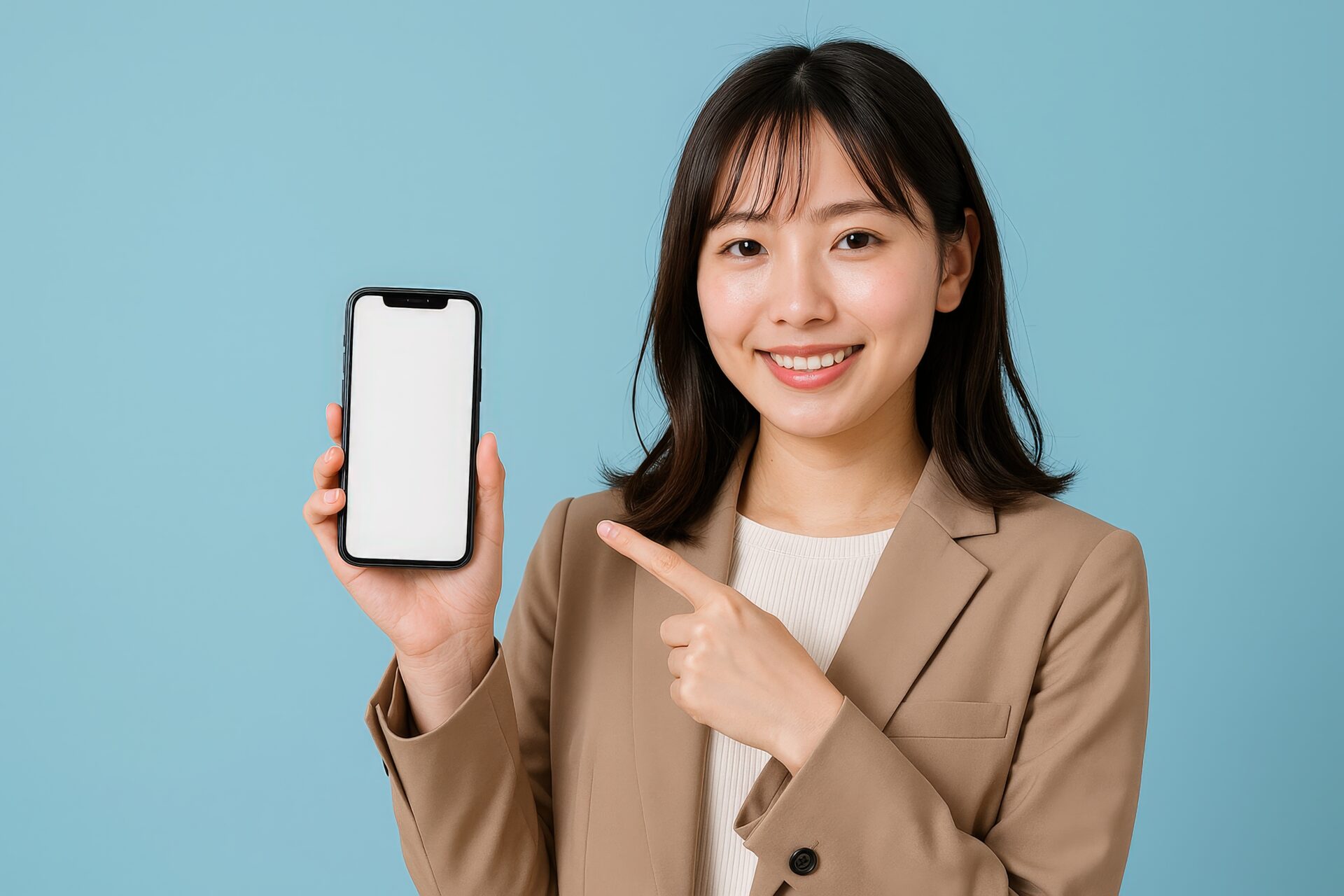 スマホを見せるスーツ女性（正面・ブルーバック）