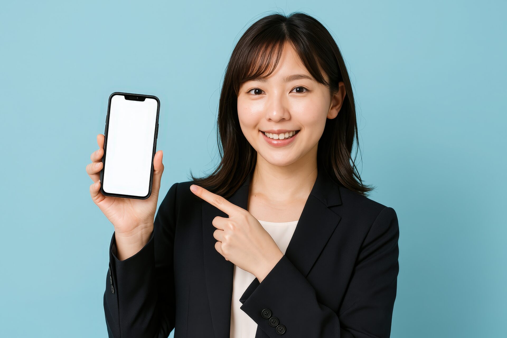 スーツ女性がスマホを紹介（黒ジャケット・ブルーバック）