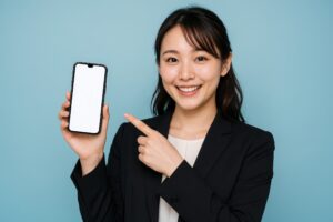 スーツ姿の女性がスマホを紹介（青背景・笑顔）