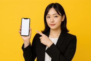 スマホを紹介する女性（黄背景・黒スーツ）