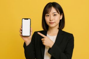 スマートフォンを指差す女性（黄背景・スーツ）