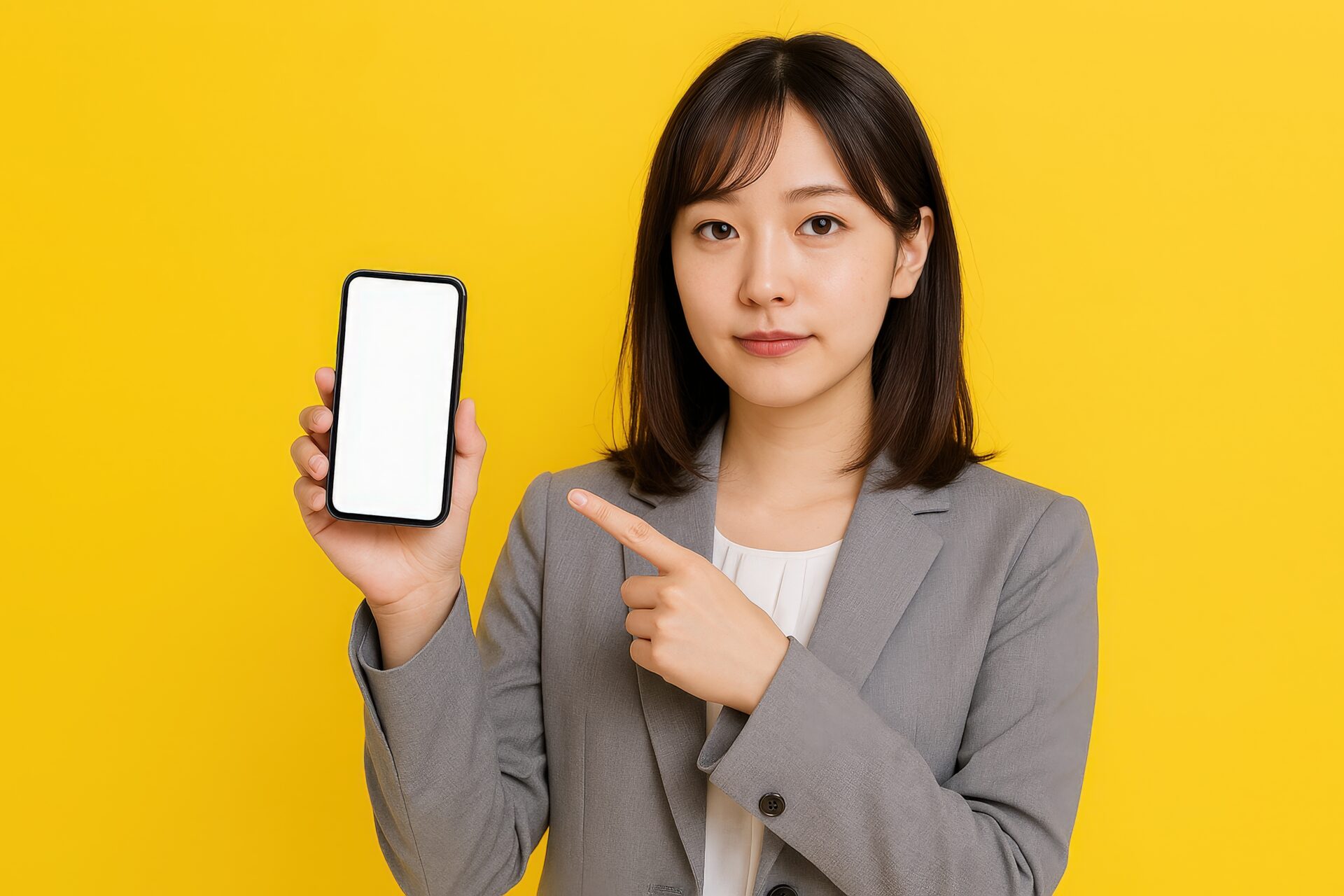 スーツ姿の女性がスマホを指差し（黄背景・グレースーツ）