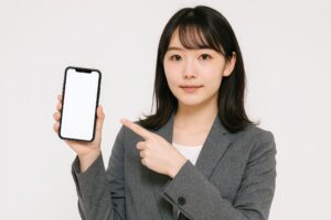 スーツ姿の女性がスマホを指差す（白背景）