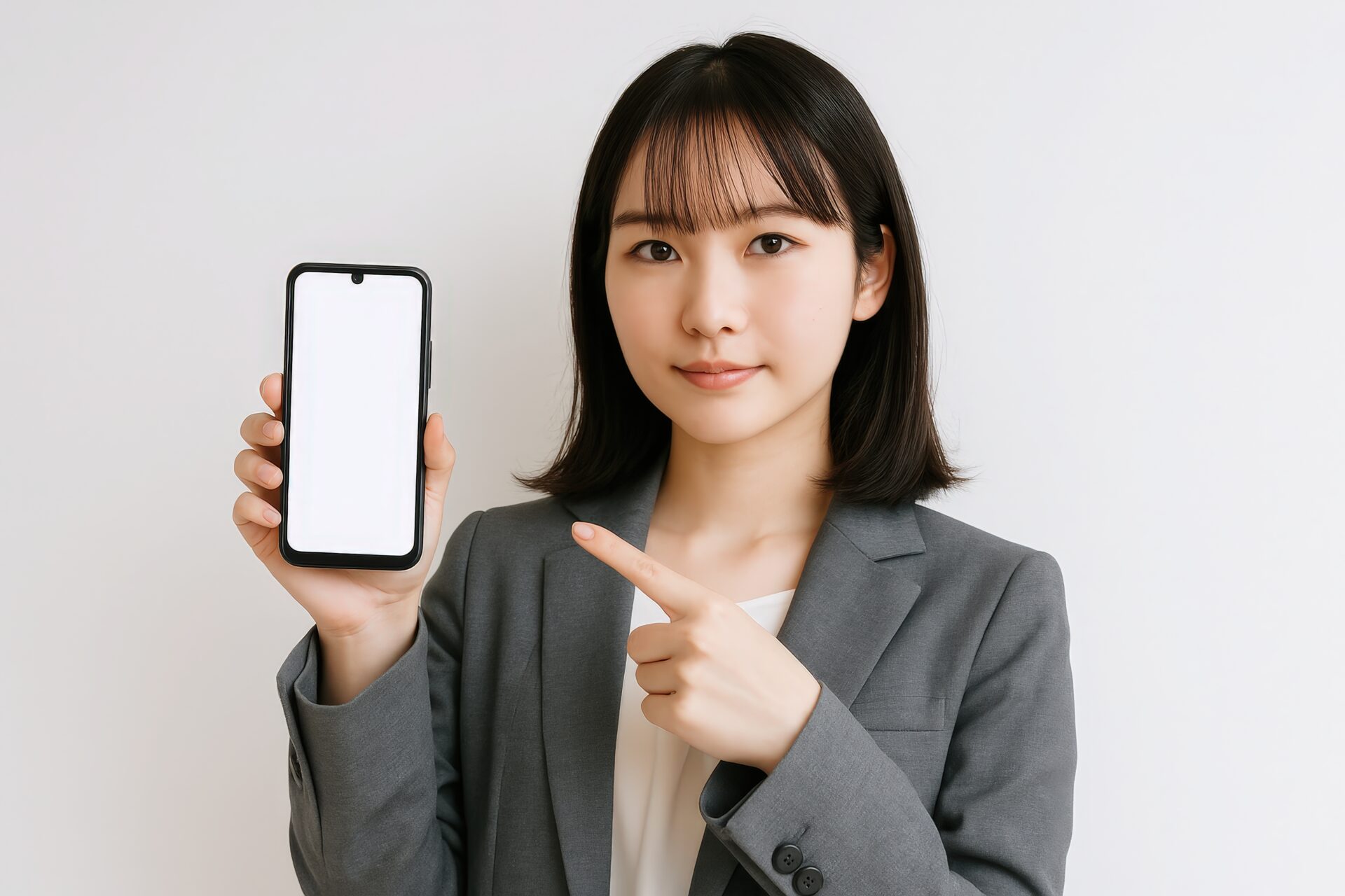 スマートフォンを紹介する女性（白背景・グレースーツ）