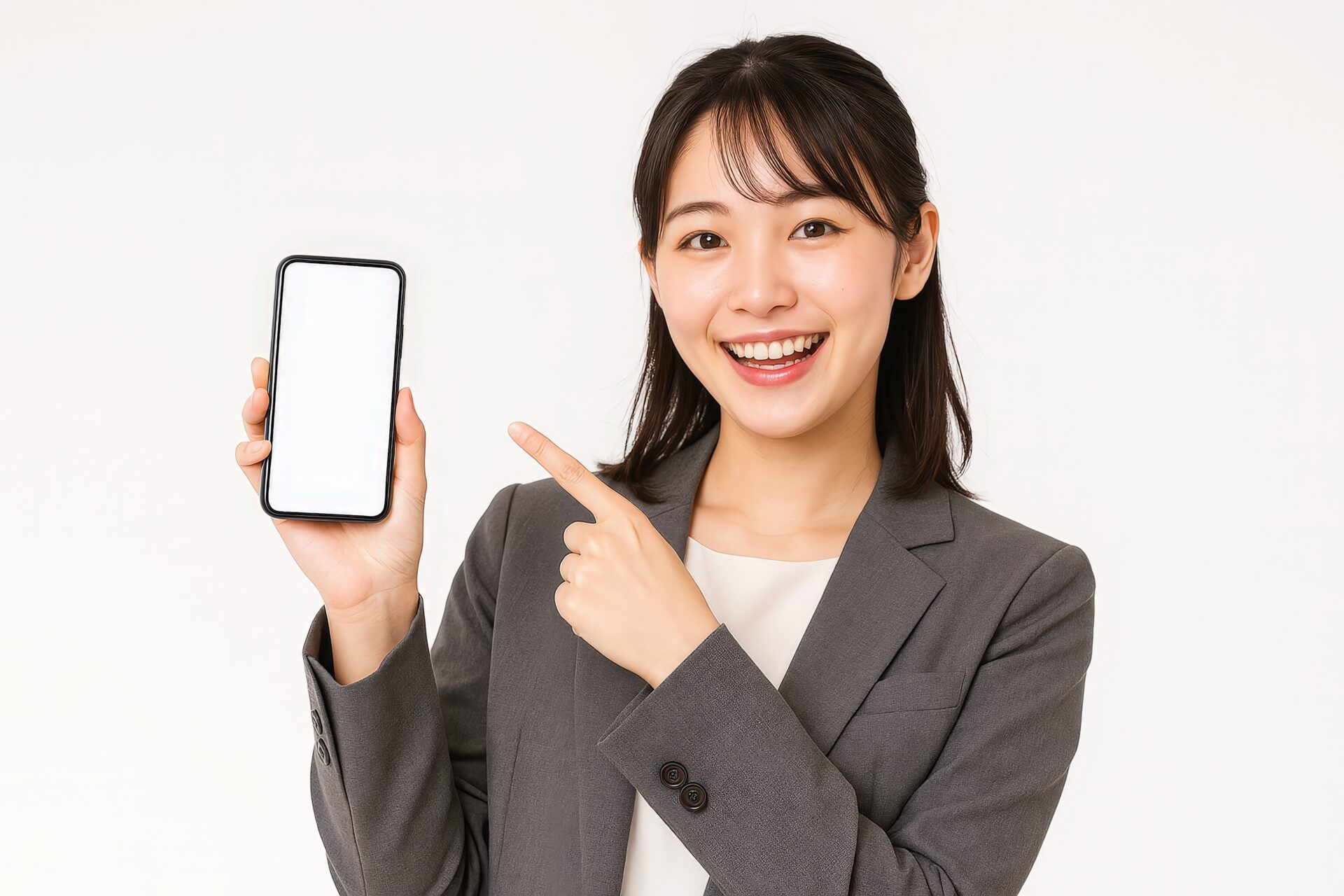 スマホを指差す女性（白背景・グレースーツ・笑顔）