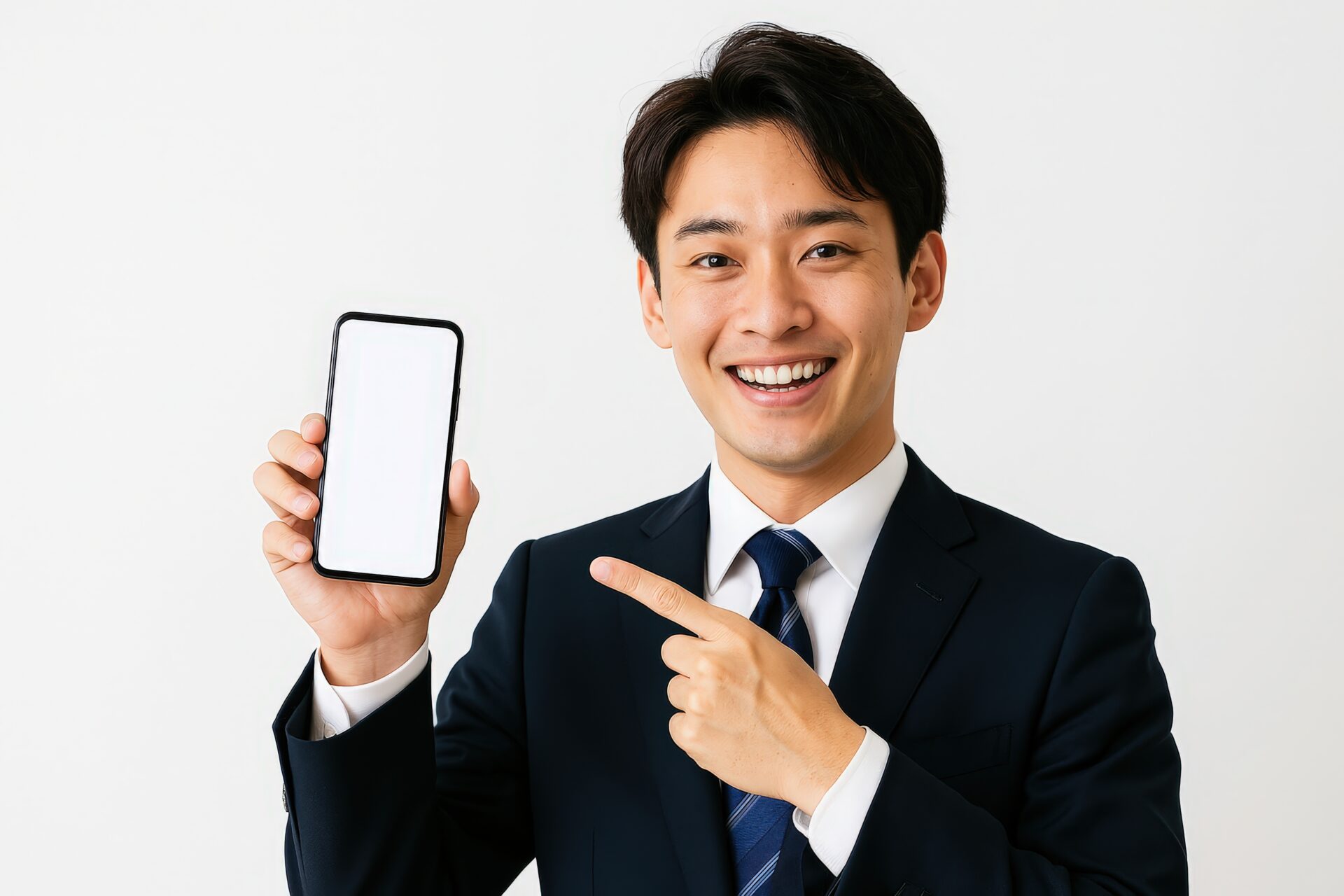 スーツ姿でスマートフォンを指差す男性（白背景3）