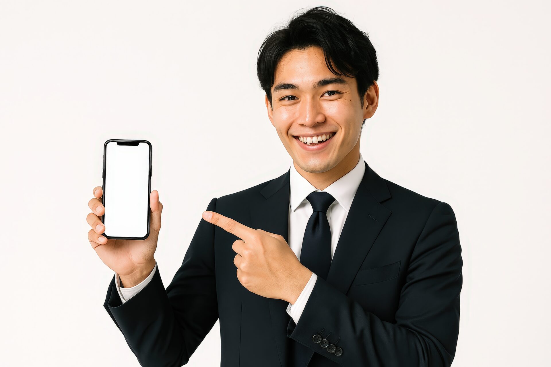スーツ姿でスマートフォンを指差す男性（白背景4）