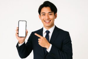 スーツ姿でスマートフォンを指差す男性（白背景5）