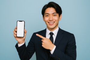 スーツ姿でスマートフォンを指差す男性（青背景1）