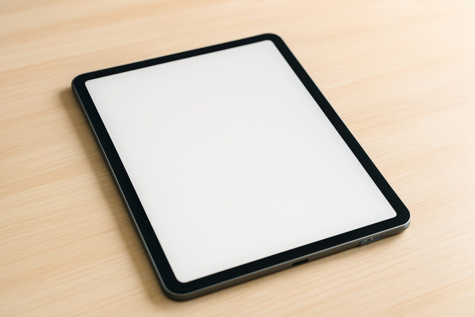 木のデスクとタブレット（斜め上）