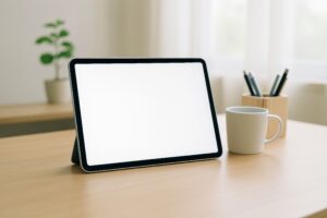 カップとタブレットのあるデスク風景