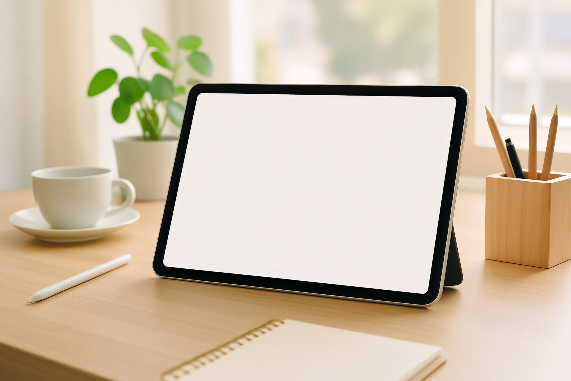 植物とタブレットのある窓辺のデスク