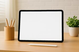 鉛筆立てとタブレットのあるデスク