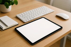 キーボードとタブレットのある作業風景