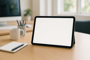 ノートとカップのあるタブレット環境