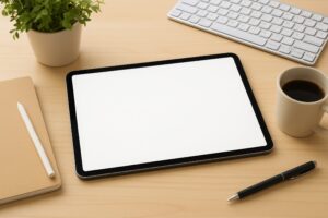 キーボードとタブレット、コーヒーのある机