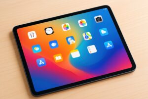 斜め上から見たアプリ表示中のタブレット