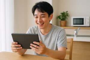 タブレットを持って楽しむ若い男性（グレー服）