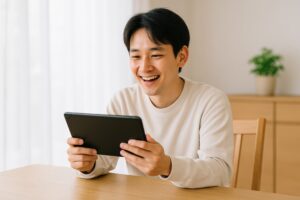 タブレットで楽しむ若い男性（白トップス）