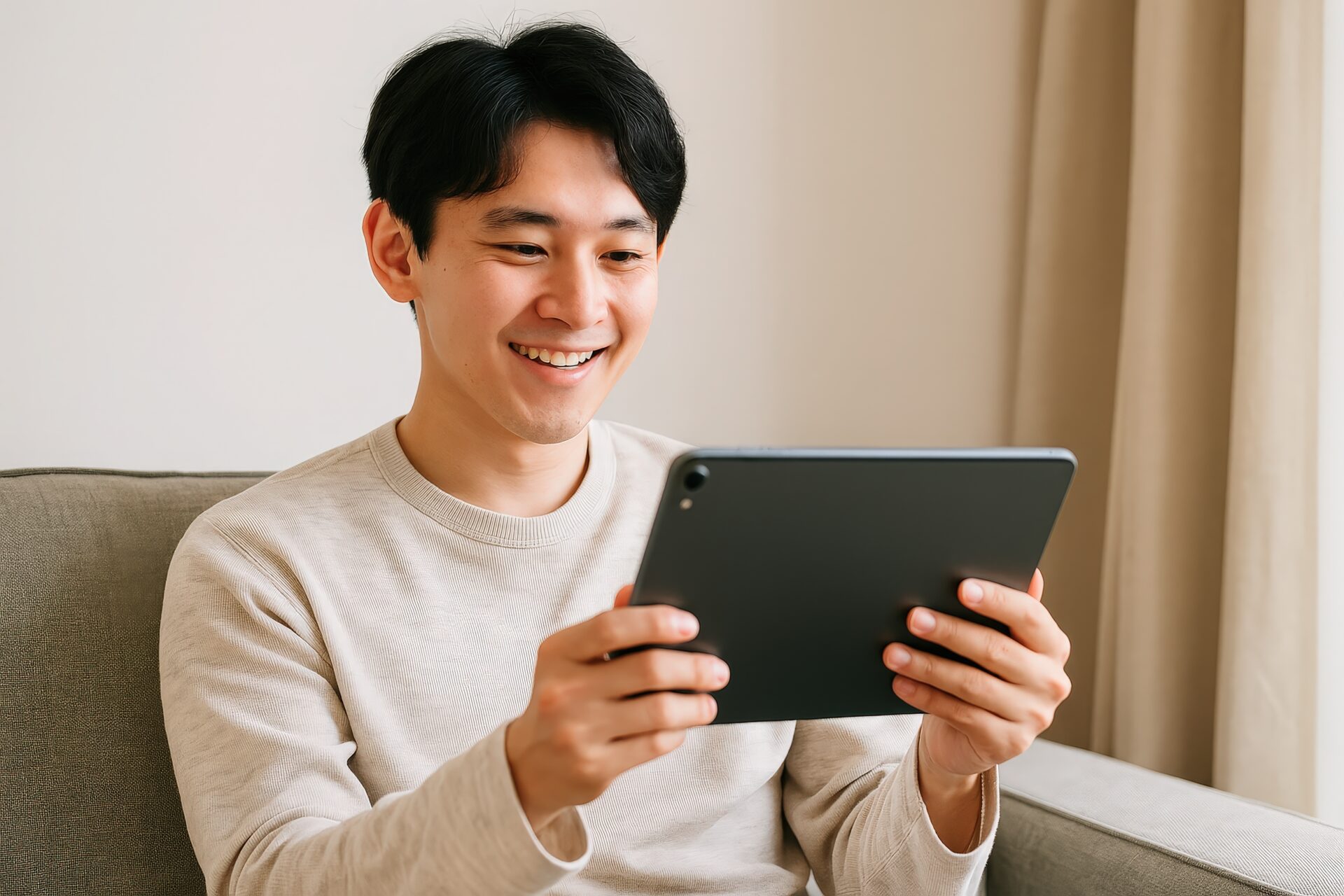 ソファでタブレットを操作する若い男性