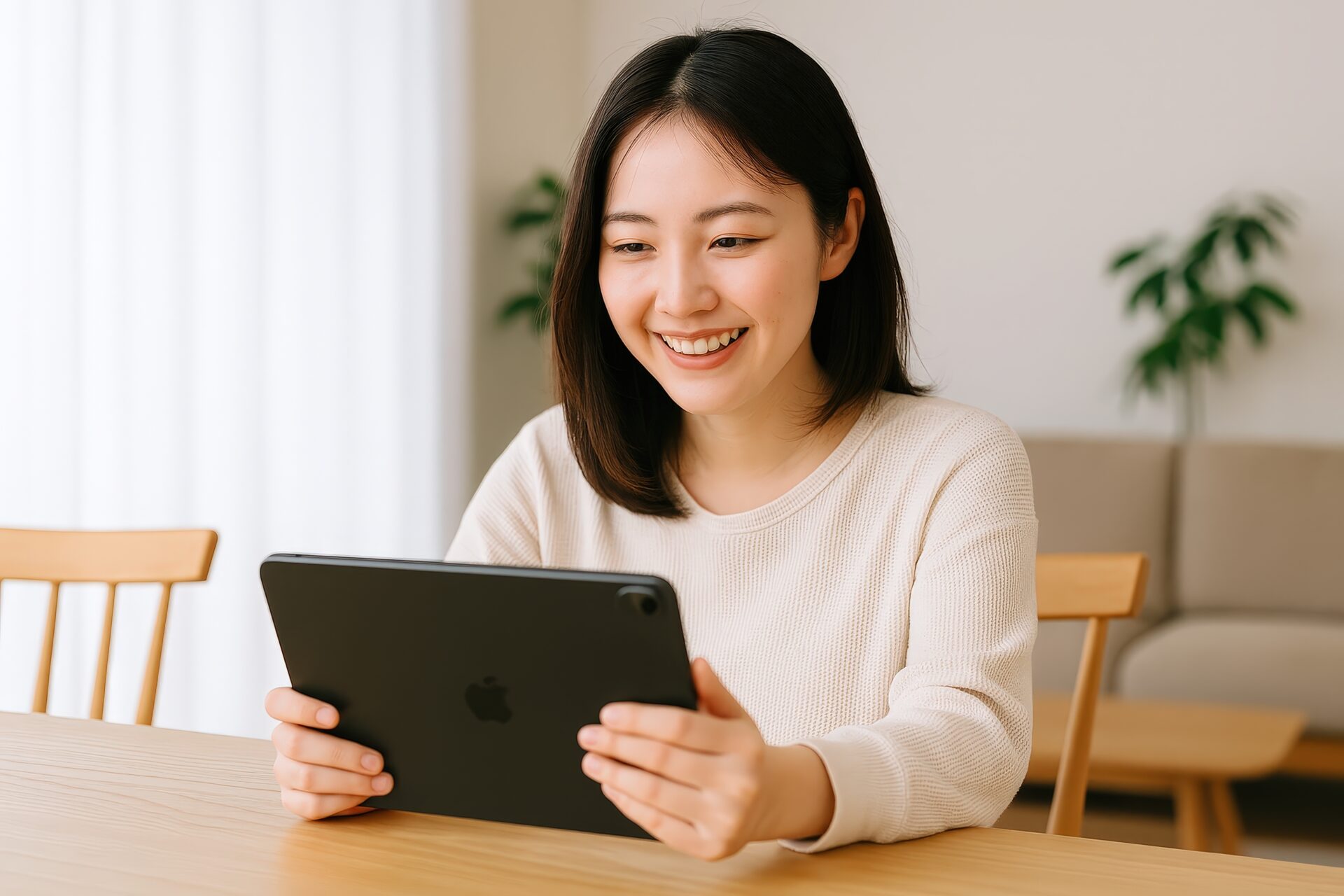 タブレットを楽しむ若い女性（テーブル・白トップス）