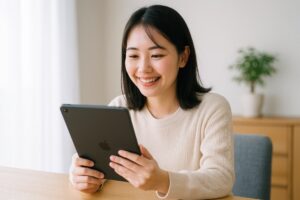 タブレットを操作する女性（正面・白トップス）