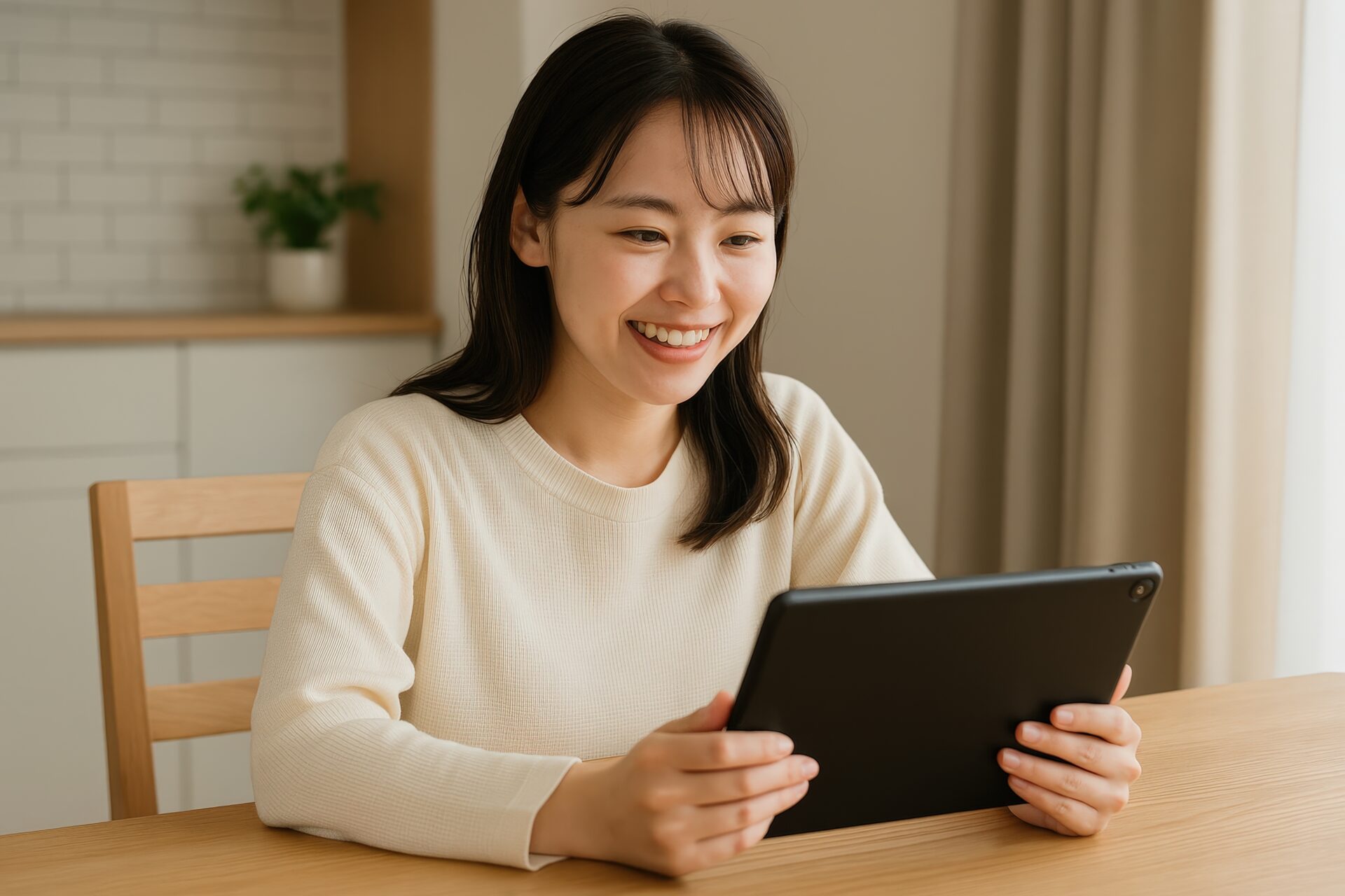 タブレットを見る女性（明るい室内）