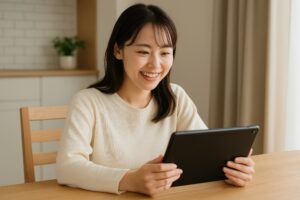 タブレットを見る女性（明るい室内）