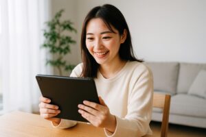 タブレットを見て笑顔の女性（ソファ背景）
