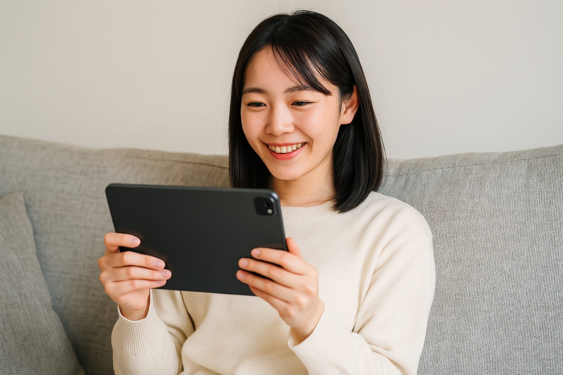 ソファでくつろぎながらタブレットを見る女性