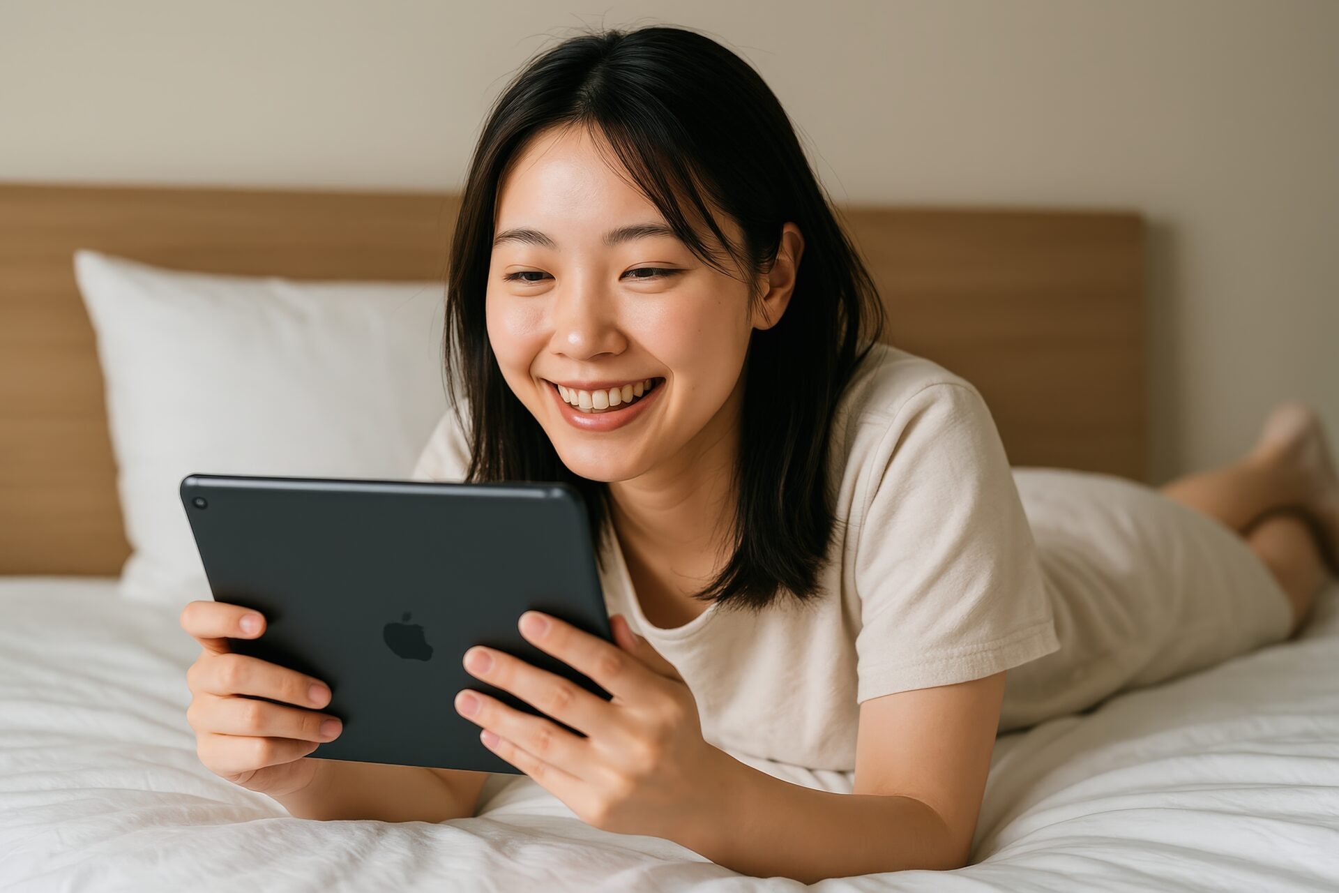 ベッドでタブレットを楽しむ女性（横向き）