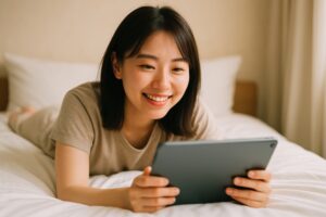 ベッドに寝転がってタブレットを使う女性