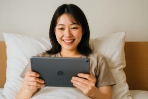枕にもたれてタブレットを見る女性