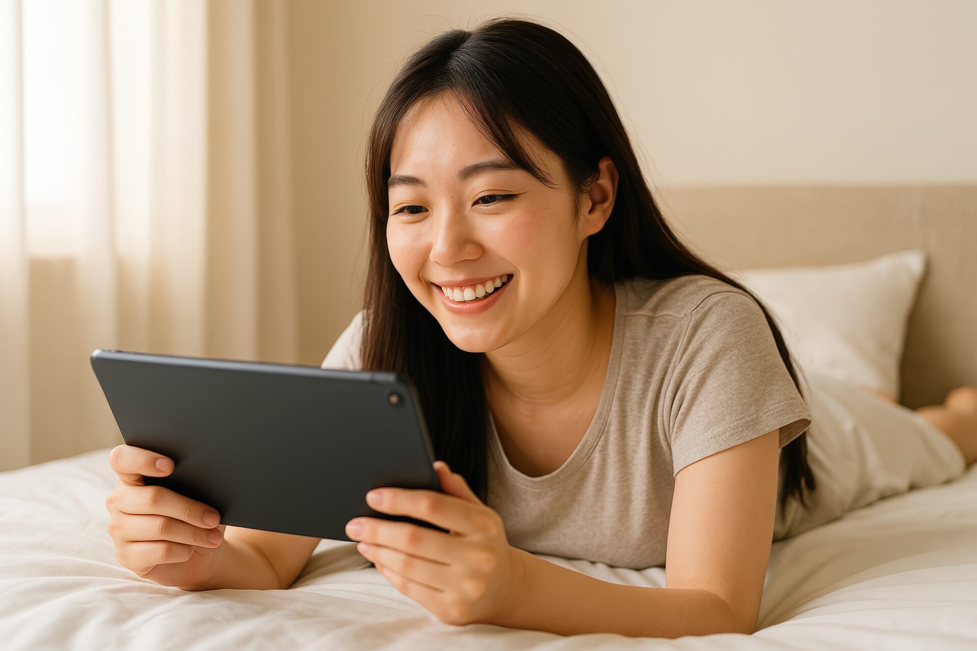 ベッドでくつろぐ女性とタブレット