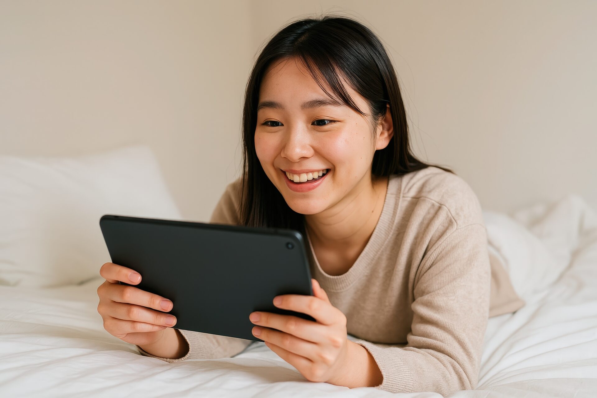 ベッドでくつろぎながらタブレットを操作する女性