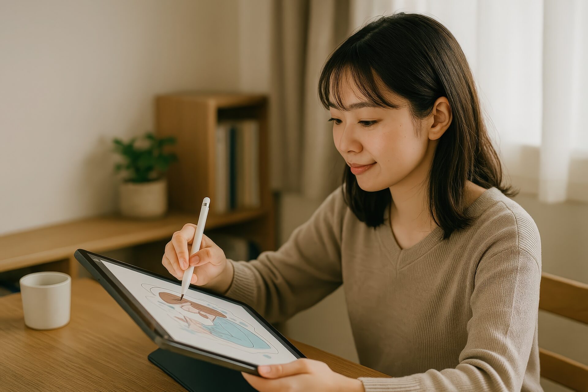 タブレットでイラストを描く女性（横向き）