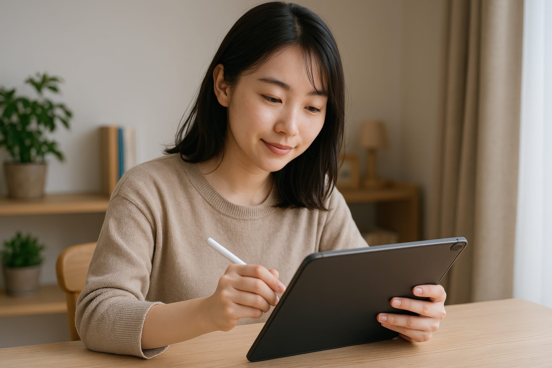 タブレットで絵を描く女性（正面）