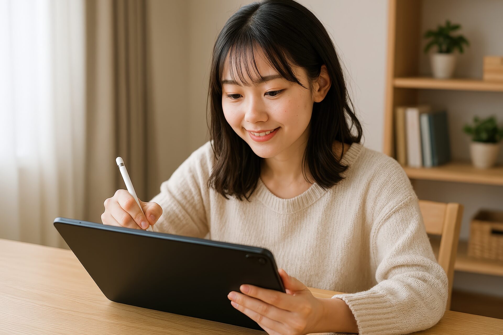 タブレットで制作中の女性（笑顔）