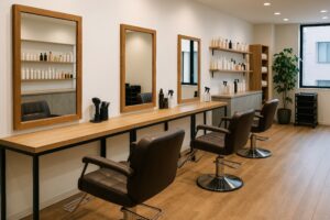 シンプルで清潔感のある美容室のセット面と製品棚