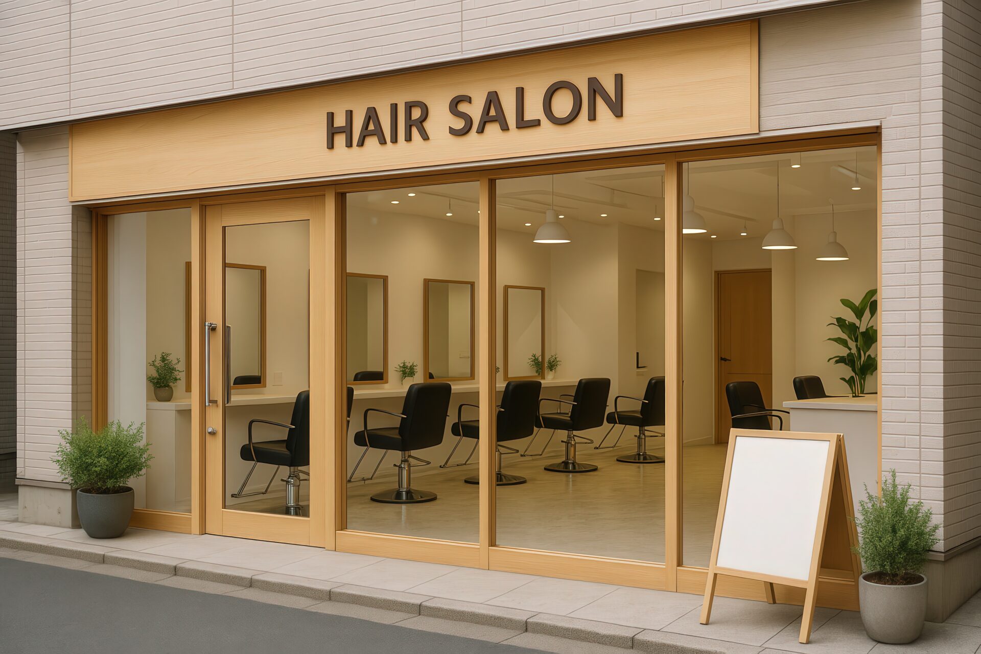 木目調の美容室外観とガラス張りの店内